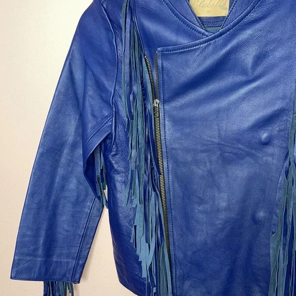 Free People Cleobella Cowgirl Sheep Leather Jacket Navy Rare - Picture 7 of 13